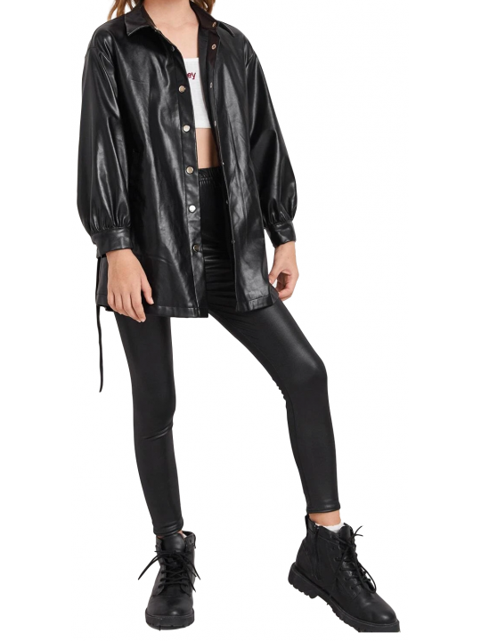 Girls Belted Real Lambskin Black Leather Coat