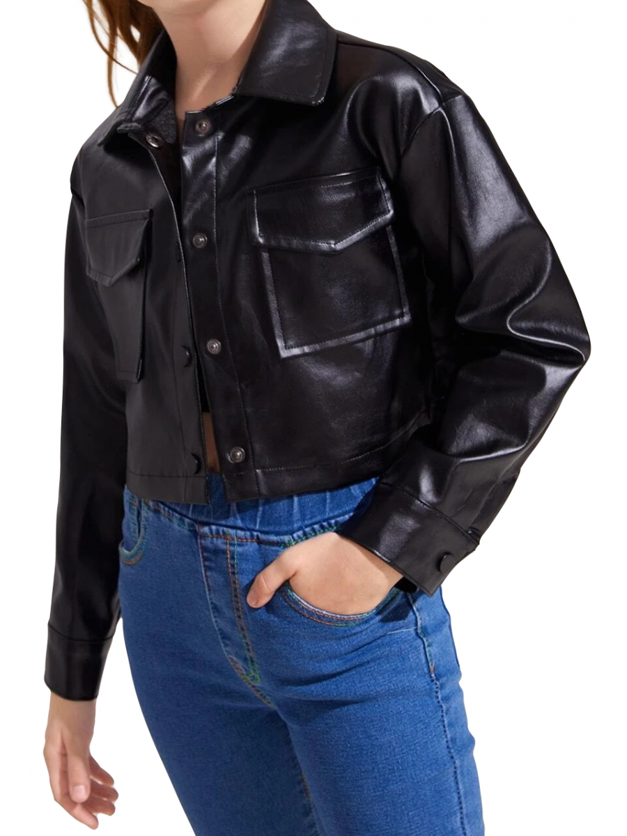 Girls Flap Pocket Real Lambskin Black Leather Jacket