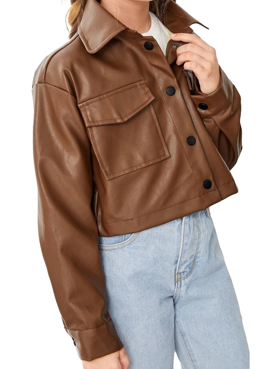 Girls Flap Pocket Real Lambskin Brown Leather Jacket