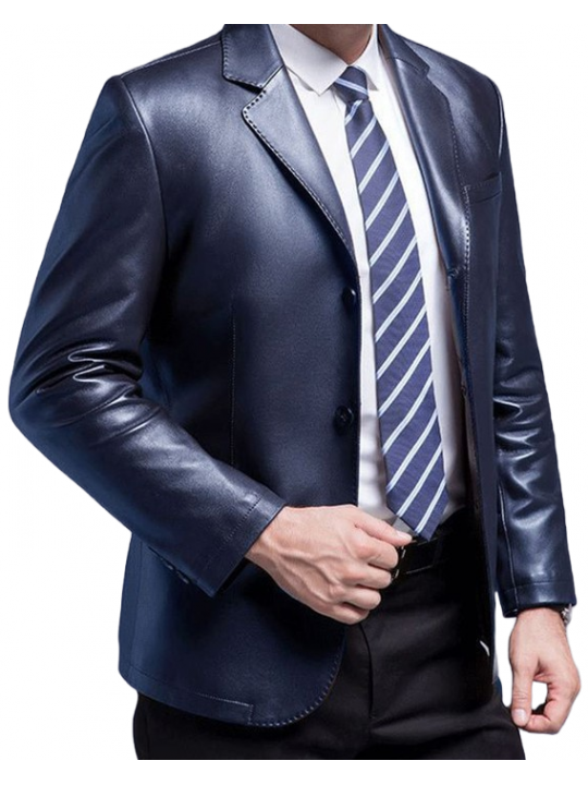 Men Formal Wear Real Lambskin Blue Leather Blazer