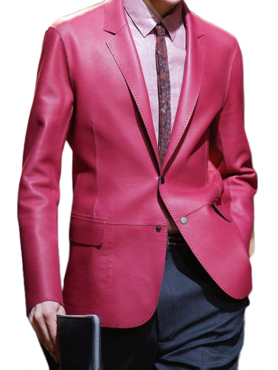 Men Formal Wear Real Lambskin Pink Leather Blazer