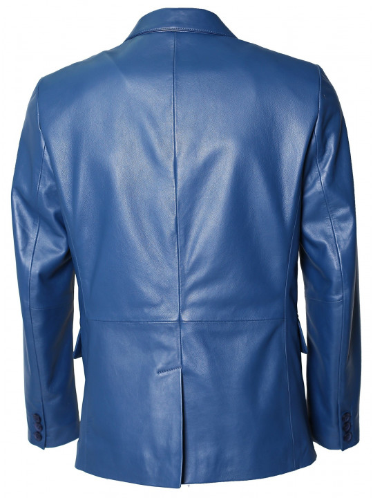 Men Smart Two Button Real Lambskin Blue Leather Blazer