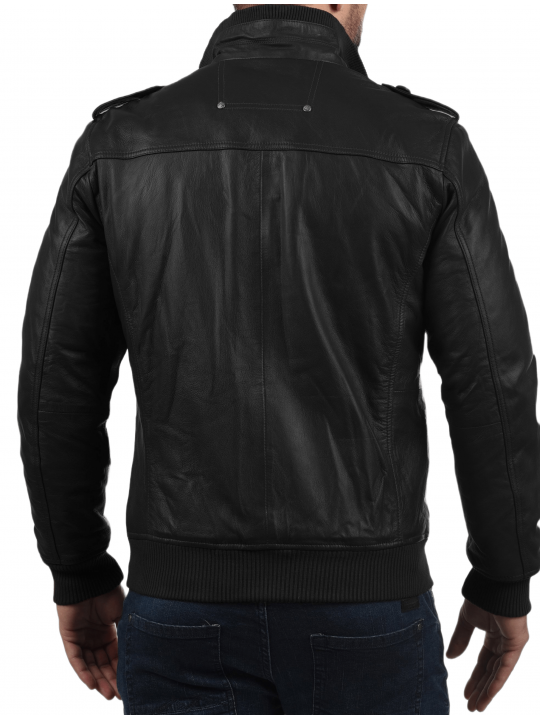 Men Glamorous Style Real Sheepskin Black Leather Bomber Jacket