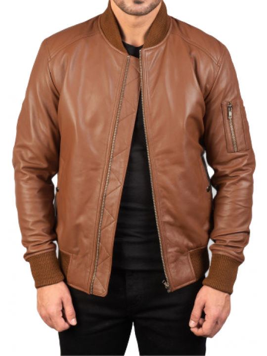 Men Classic Real Sheepskin Brown Leather Bomber Jacket