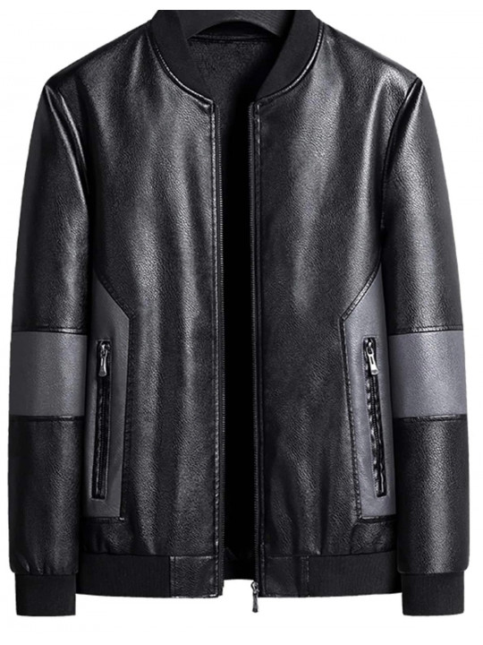 Men Edgy Real Sheepskin Black Leather Bomber Jacket