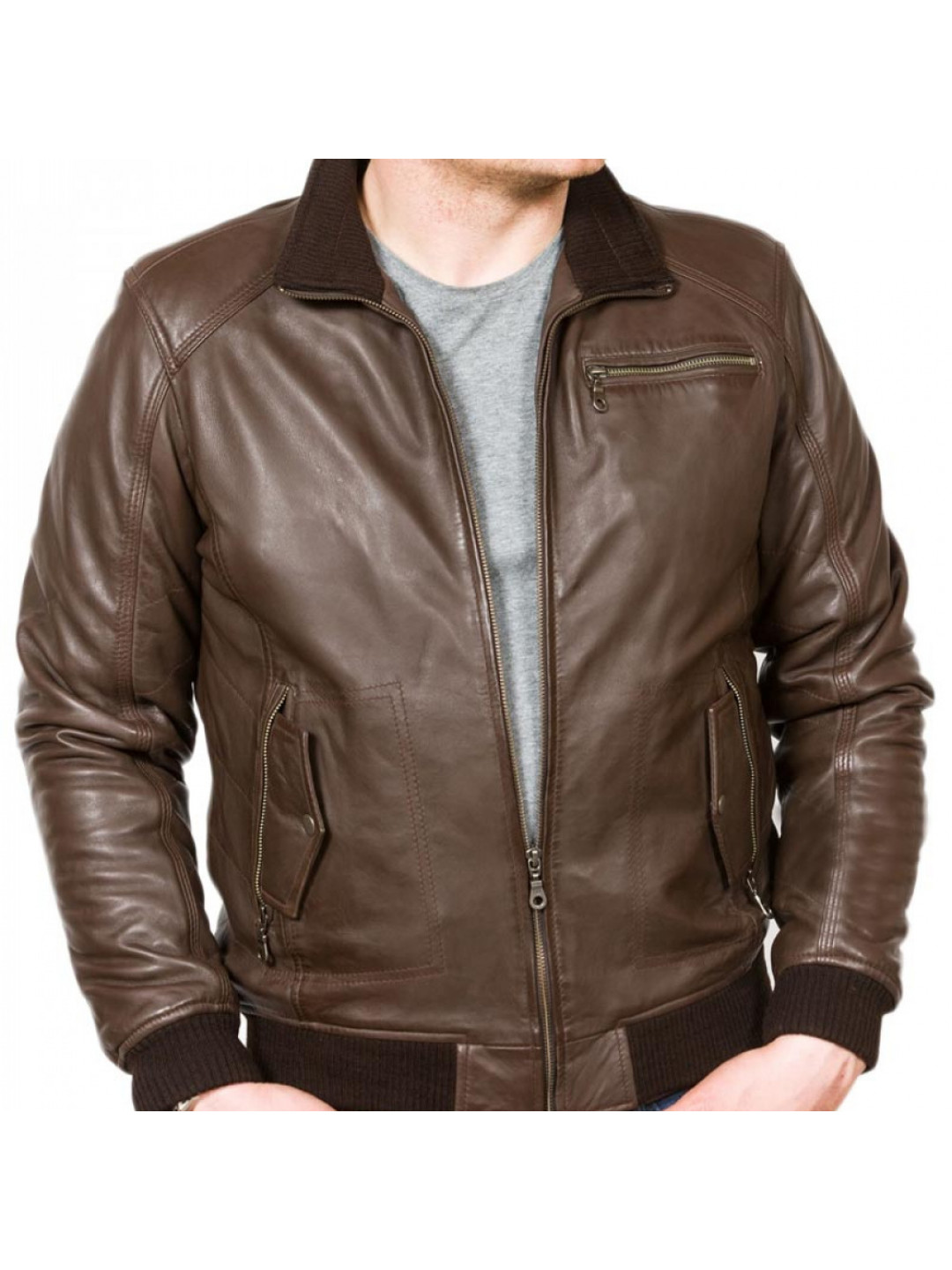 Men Edgy Real Sheepskin Brown Leather Bomber Jacket