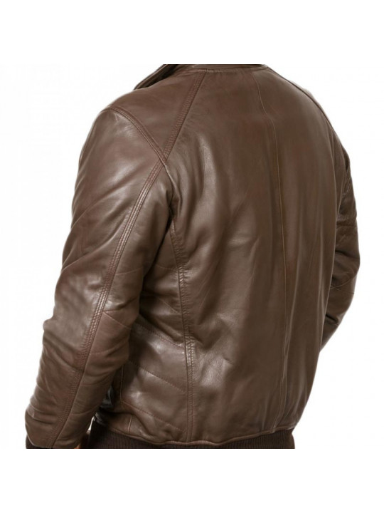 Men Edgy Real Sheepskin Brown Leather Bomber Jacket
