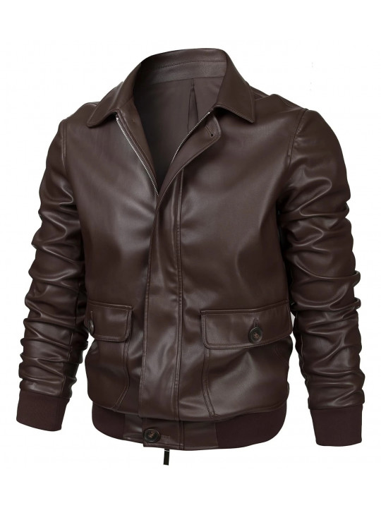 Men Elegant Style Real Sheepskin Brown Leather Bomber Jacket