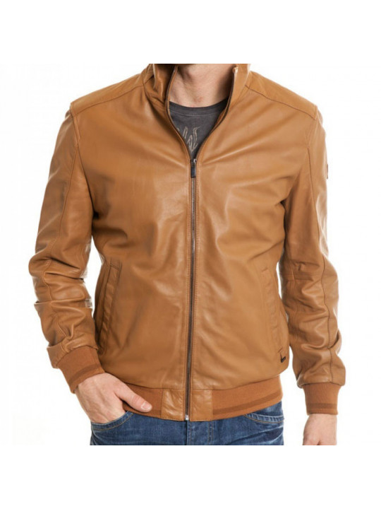 Men High Collar Real Sheepskin Tan Leather Bomber Jacket