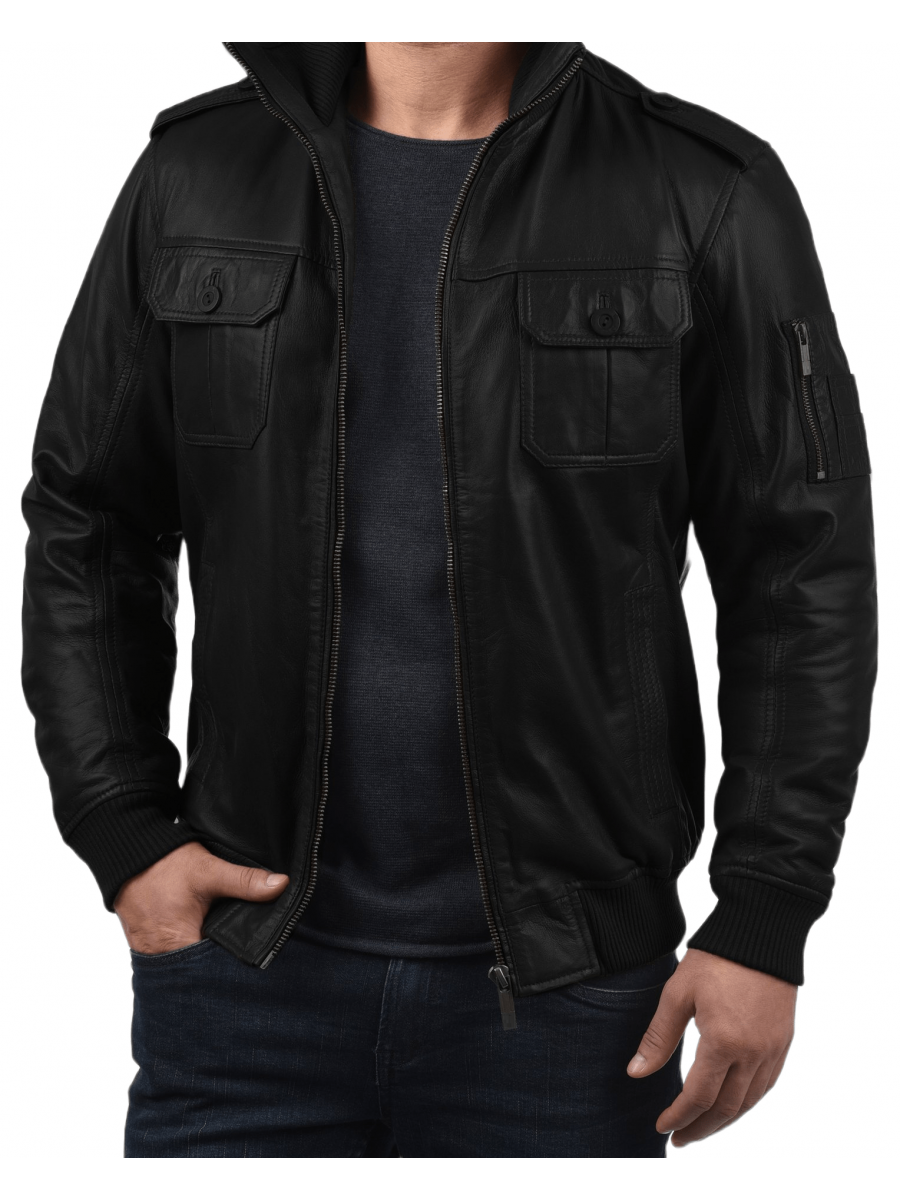 Men High Fashion Real Sheepskin Black Leather Bomber Jacket