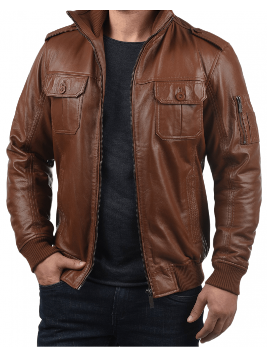 Men High Fashion Real Sheepskin Brown Leather Bomber Jacket