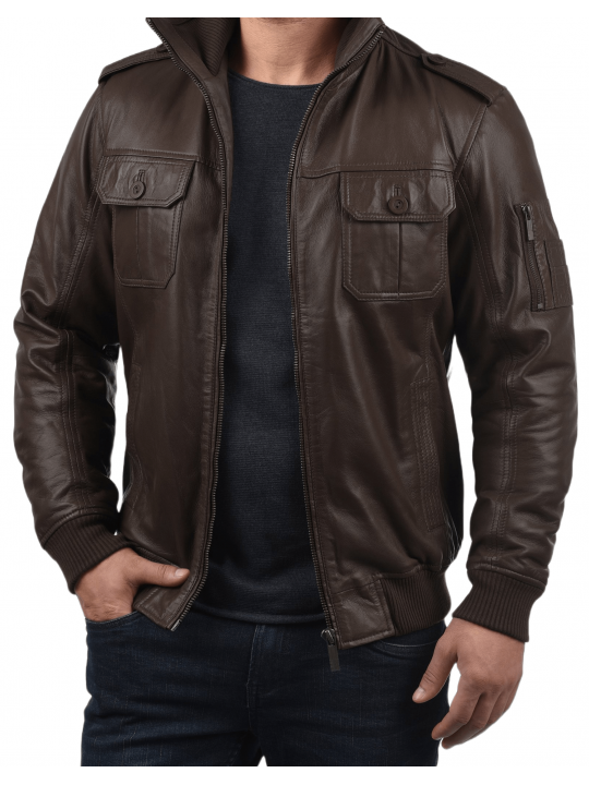 Men High Fashion Real Sheepskin Dark Brown Leather Bomber Jacket