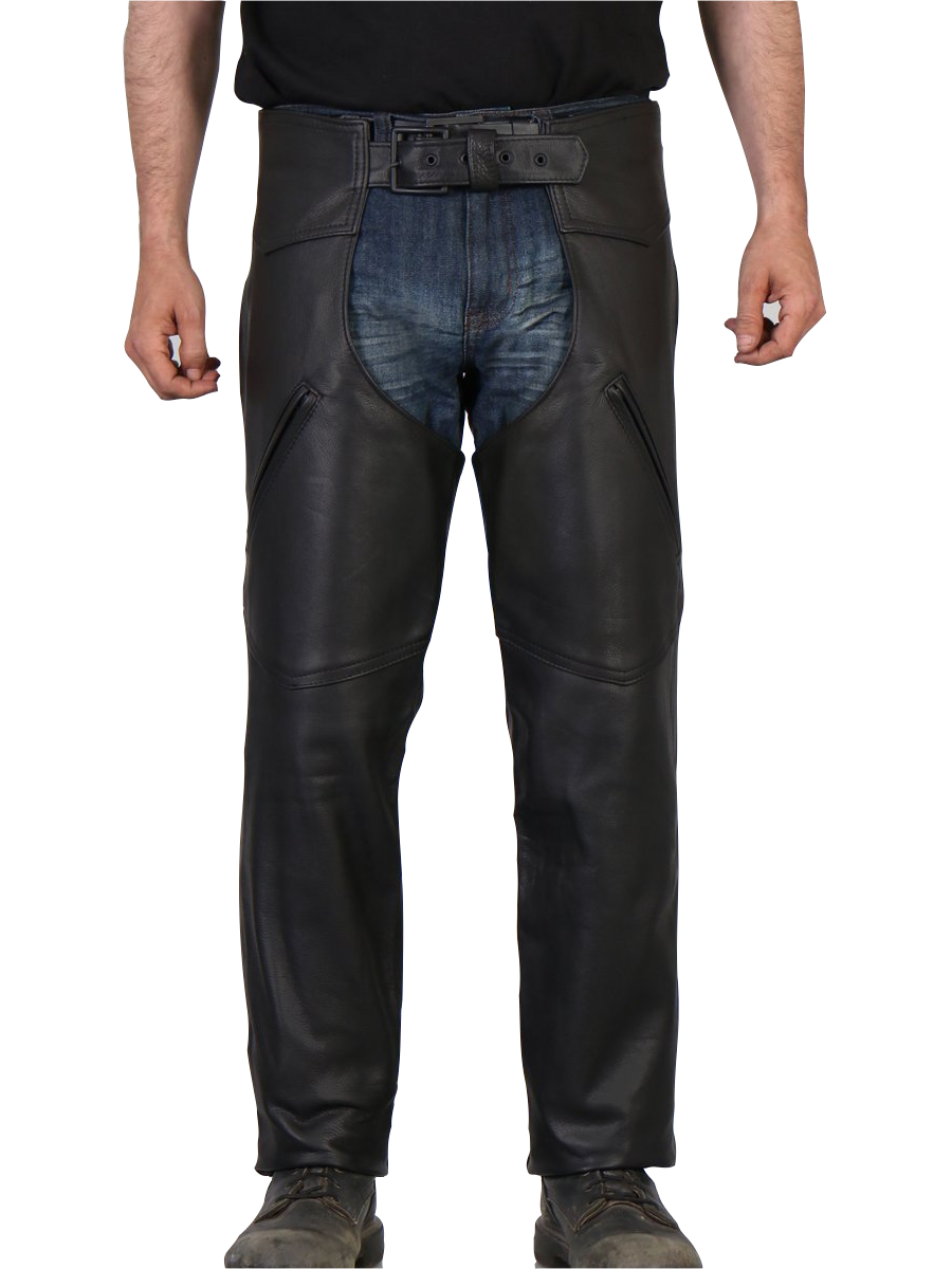 Men Classic Real Sheepskin Black Leather Motorcycle Chaps