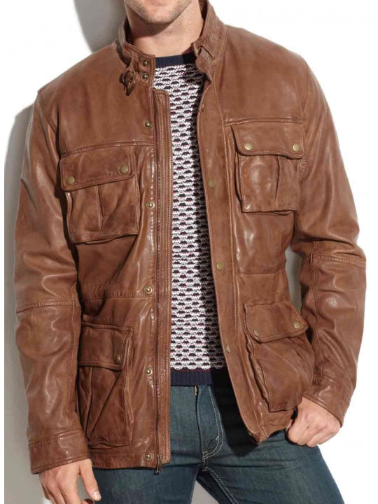 Men Casual Wear Real Lambskin Brown Leather Jacket