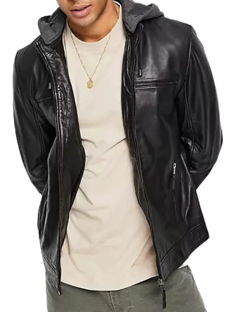 Men Edgy Wear Hooded Real Lambskin Black Leather Jacket