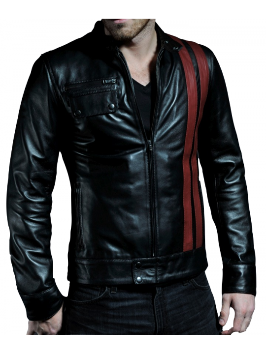 Men Front Red Strips Real Lambskin Black Leather Jacket
