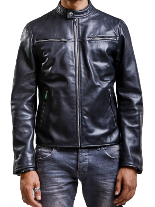 Men Street Wear Real Lambskin Navy Blue Leather Jacket