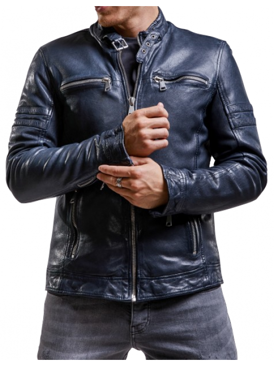 Men Stylish Look Real Lambskin Navy Blue Leather Jacket