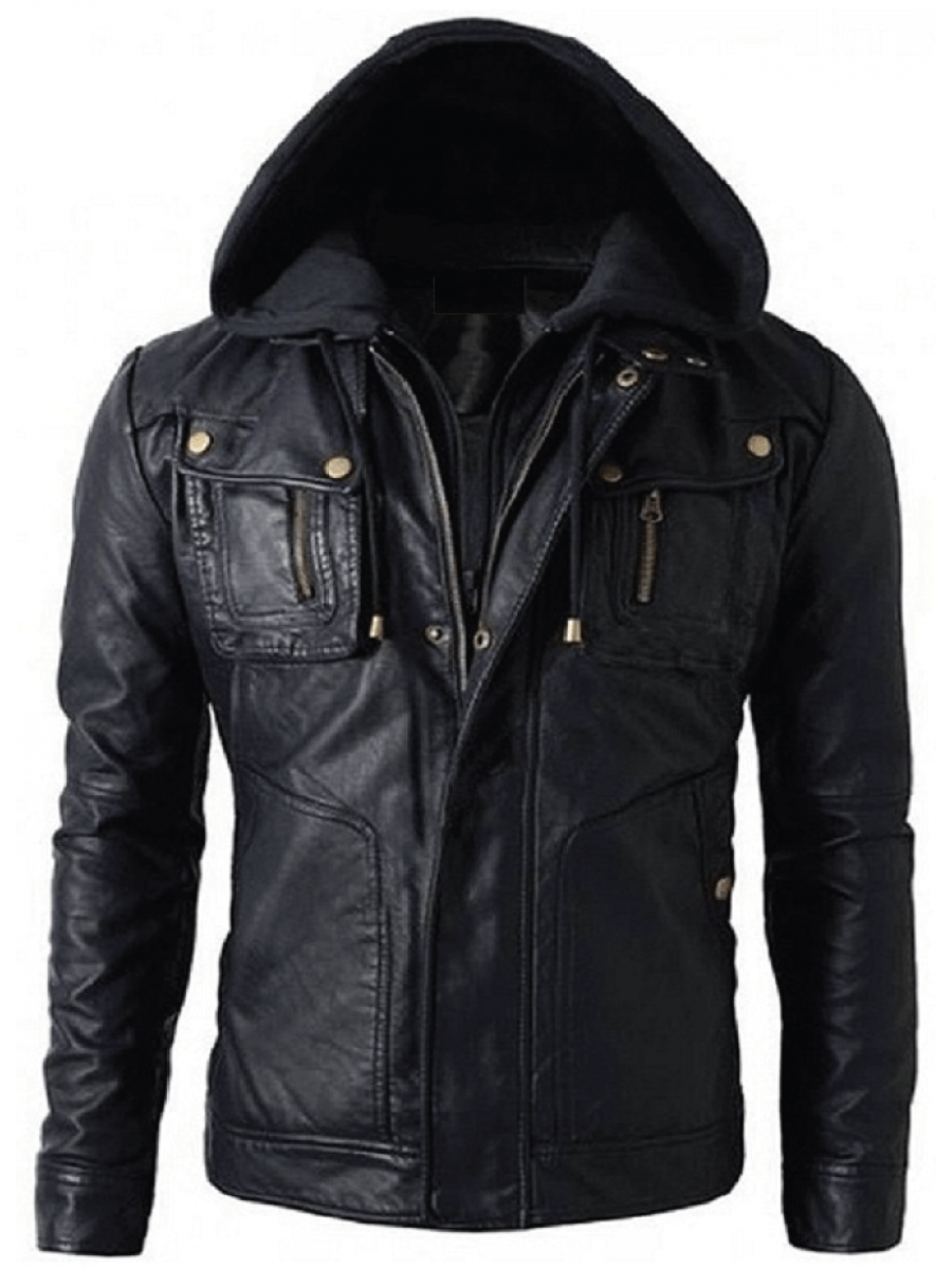 Men Trendy Hooded Real Lambskin Black Leather Jacket