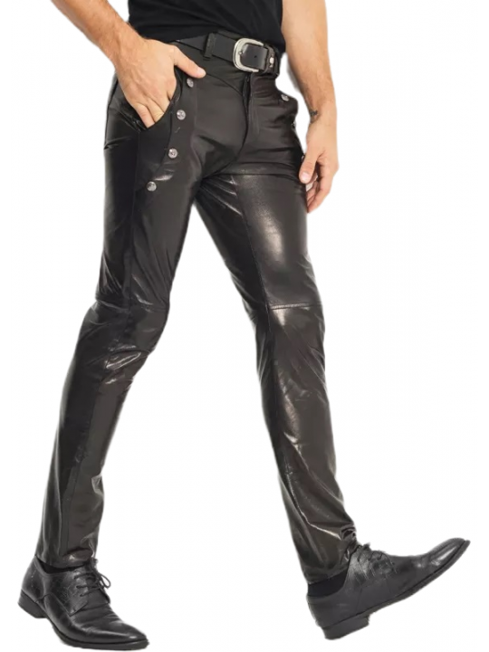 Men Bold Fashion Wear Real Lambskin Black Leather Jeans