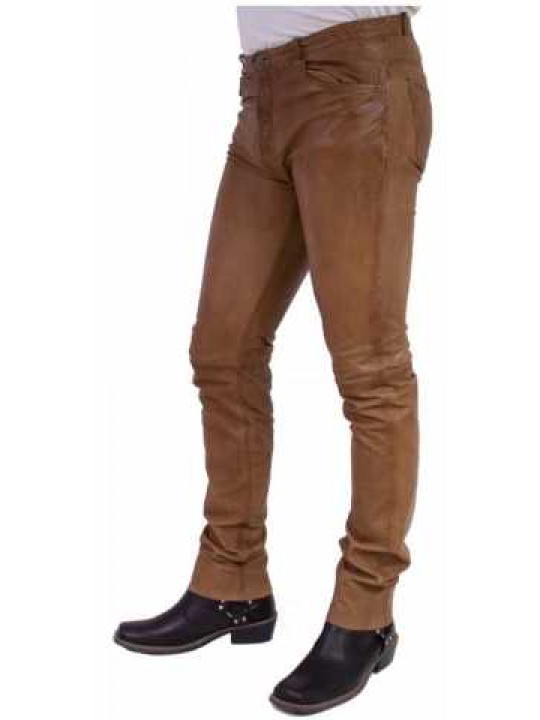 Men Casual Wear Real Lambskin Brown Leather Jeans