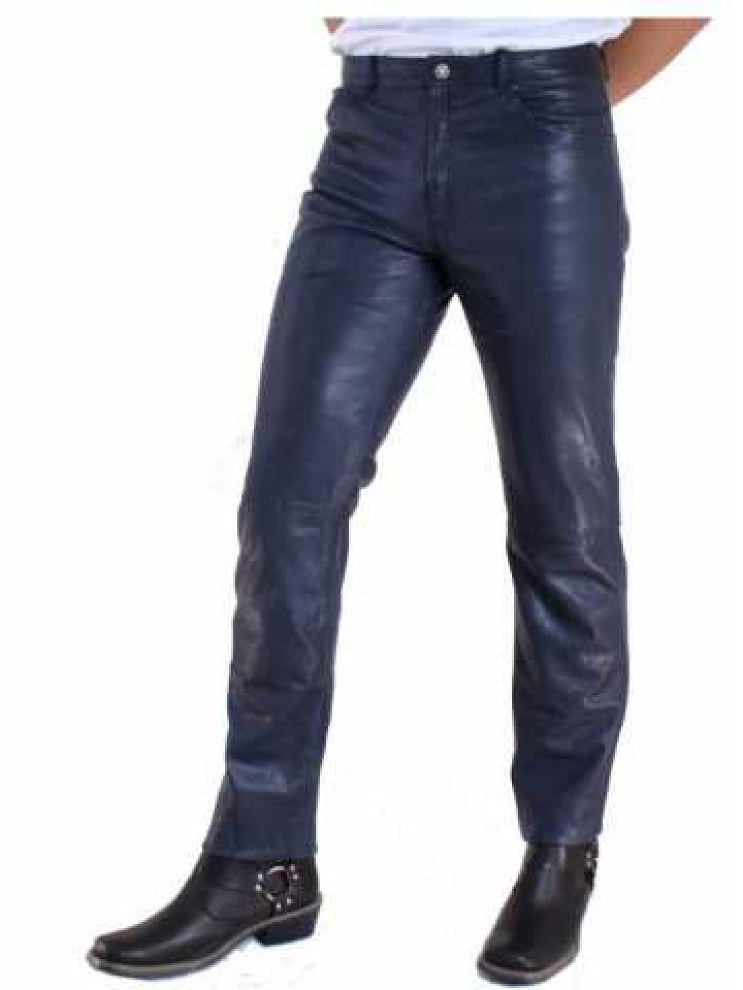 Men Country Look Real Lambskin Navy Blue Leather Jeans