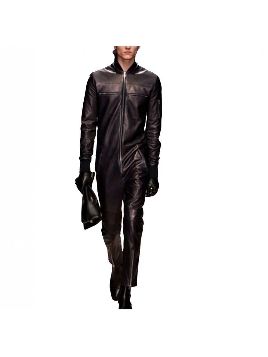 Men Bold Fashion Real Lambskin Black Leather Jumpsuit