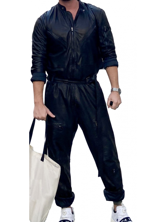 Men High Fashion Real Lambskin Black Leather Jumpsuit