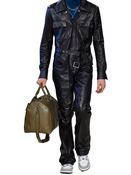 Men High Fashion Wear Real Lambskin Black Leather Jumpsuit