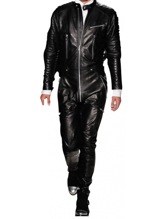 Men Pleated Sleeve Real Lambskin Black Leather Jumpsuit