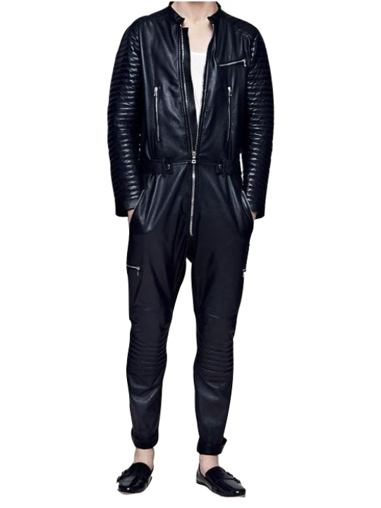 Men Trendy Real Lambskin Black Leather Jumpsuit