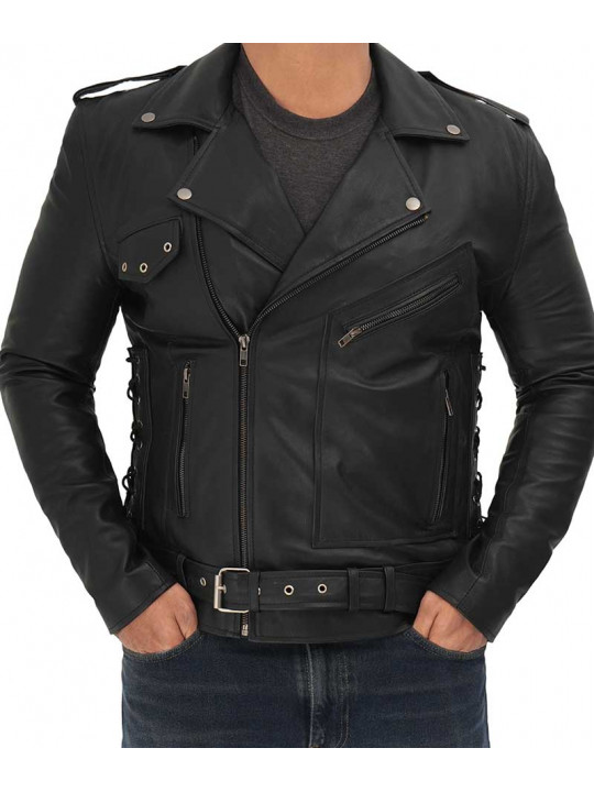 Men Biker Side Lace Up Real Lambskin Black Leather Jacket