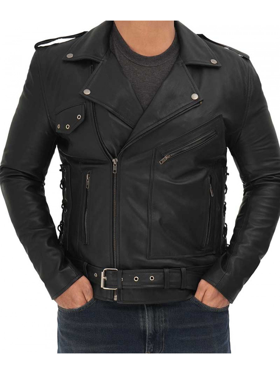 Men Biker Side Lace Up Real Lambskin Black Leather Jacket