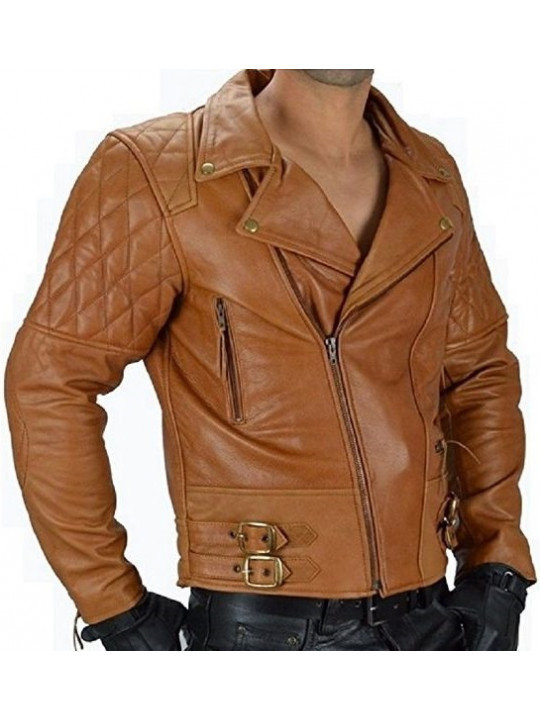 Men Quilted Real Lambskin Tan Leather Motorcycle Jacket
