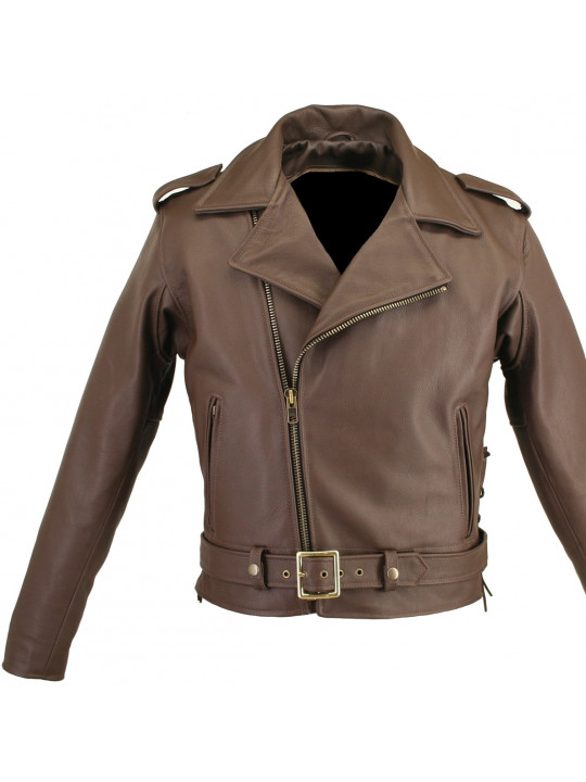 Men Side Lace Up Real Sheepskin Brown Leather Biker Jacket