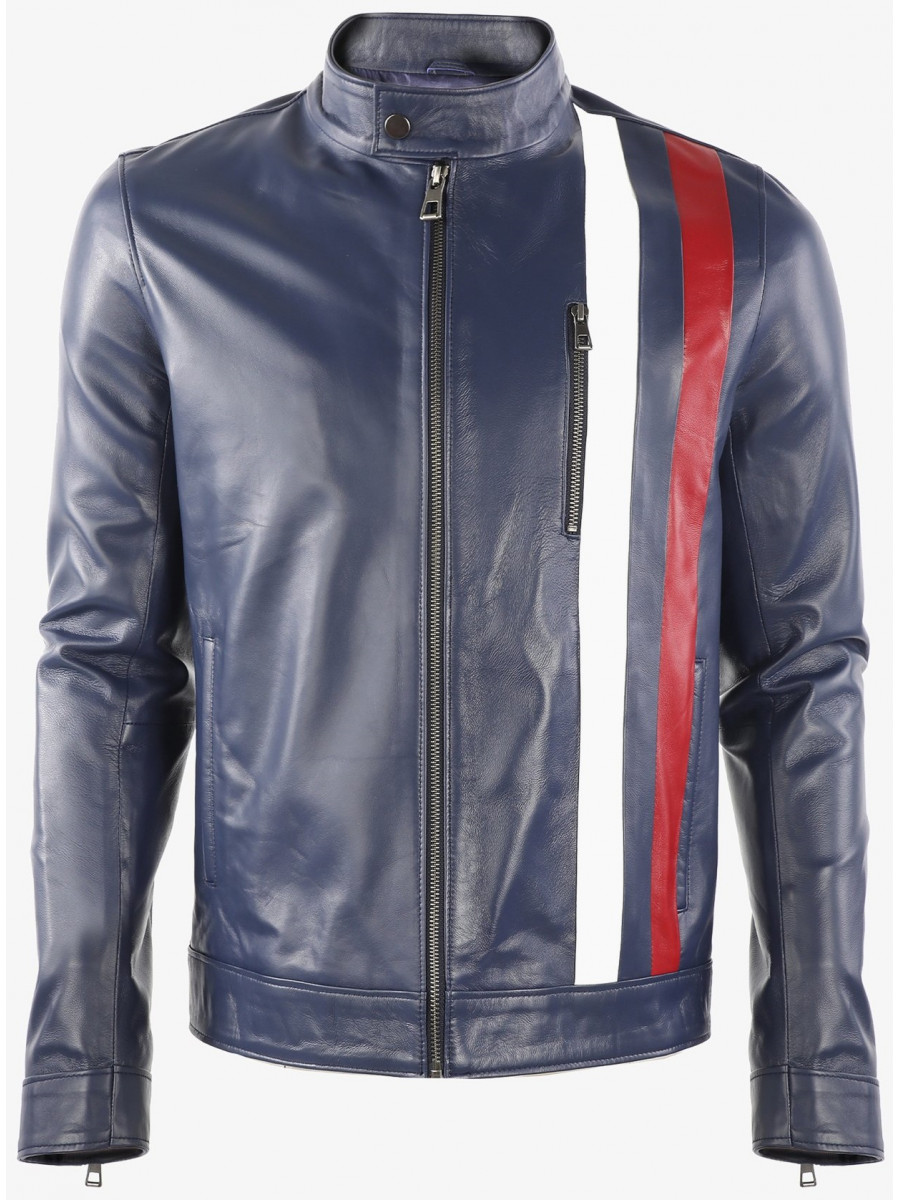 Men Smart Fashion Real Lambskin Blue Leather Motorcycle Jacket