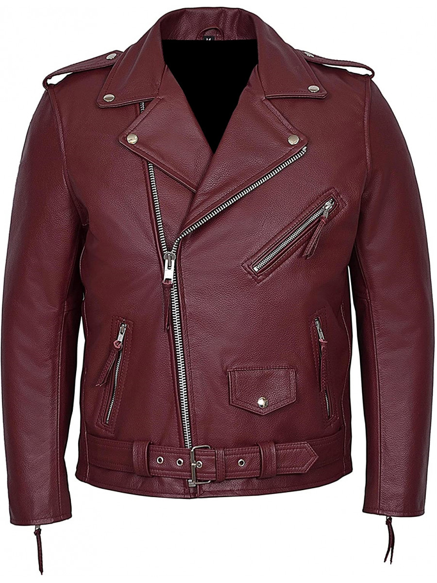 Men Smart Real Lambskin Burgundy Leather Motorcycle Jacket