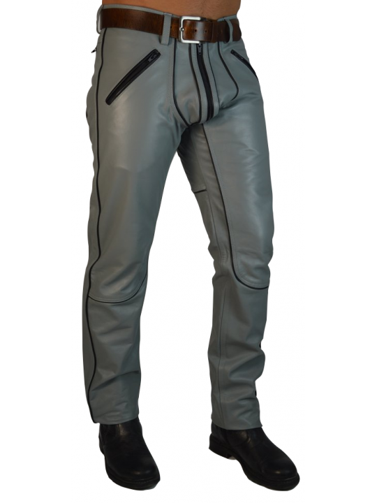 Men Bold Fashion Real Lambskin Gray Leather Trousers Pants