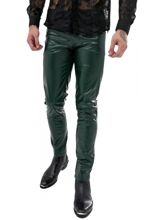 Men High Fashion Real Lambskin Green Leather Trousers Pants