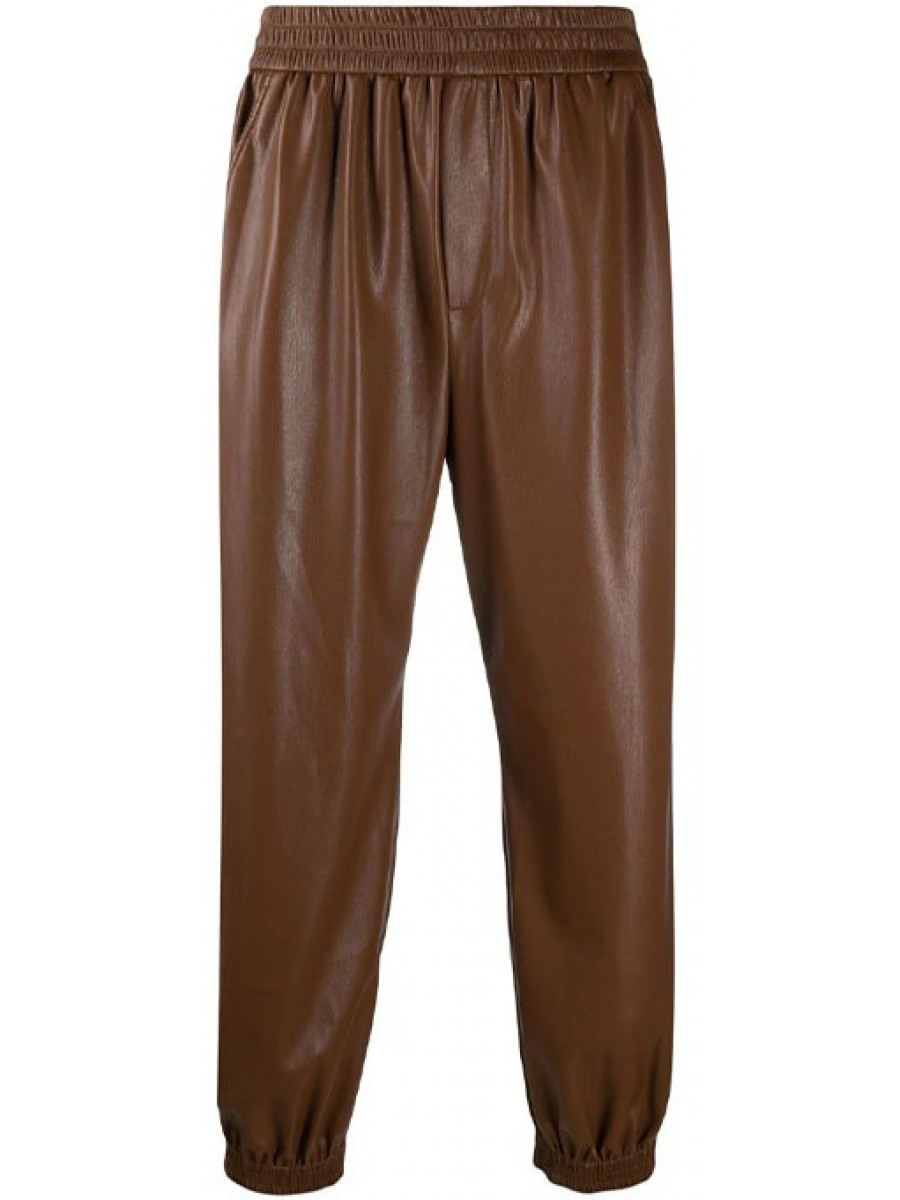 Men Joggers Real Lambskin Brown Leather Trousers Pants