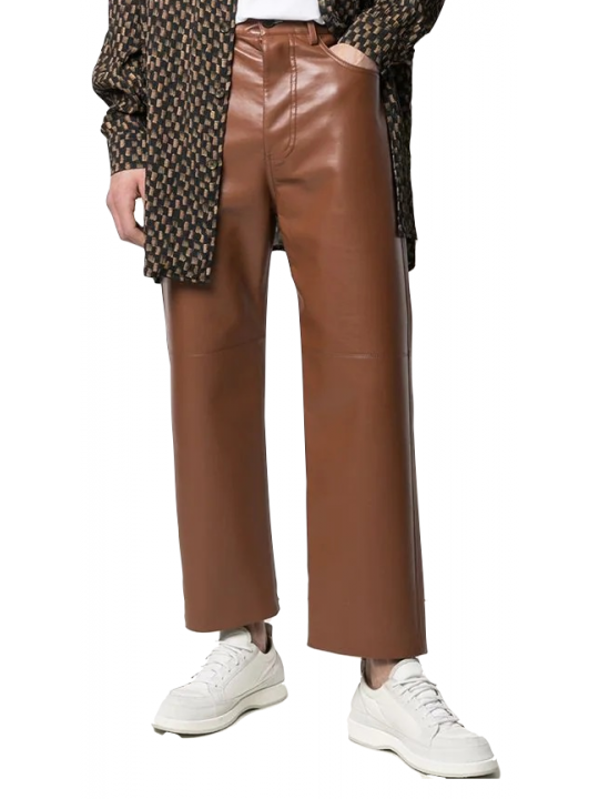 Men Relax Fit Real Lambskin Brown Leather Trousers Pants