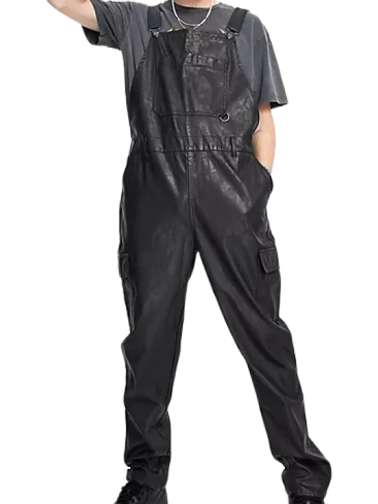 Men Classy Wear Real Lambskin Black Leather Overalls Romper