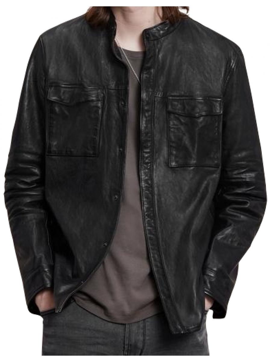Men Casual Look Real Lambskin Black Leather Shirt