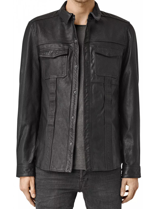 Men Edgy Look Real Lambskin Black Leather Shirt