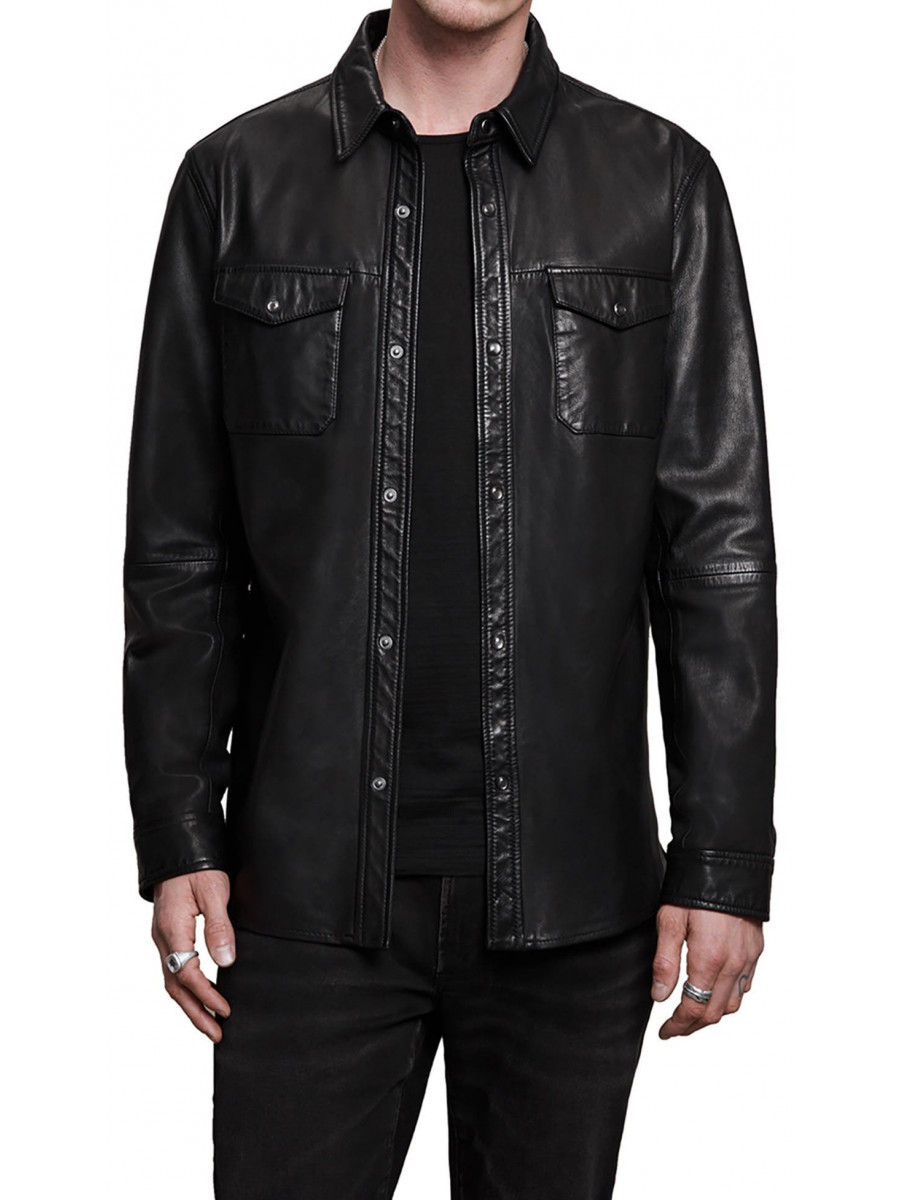 Men Elegant Style Real Lambskin Black Leather Shirt