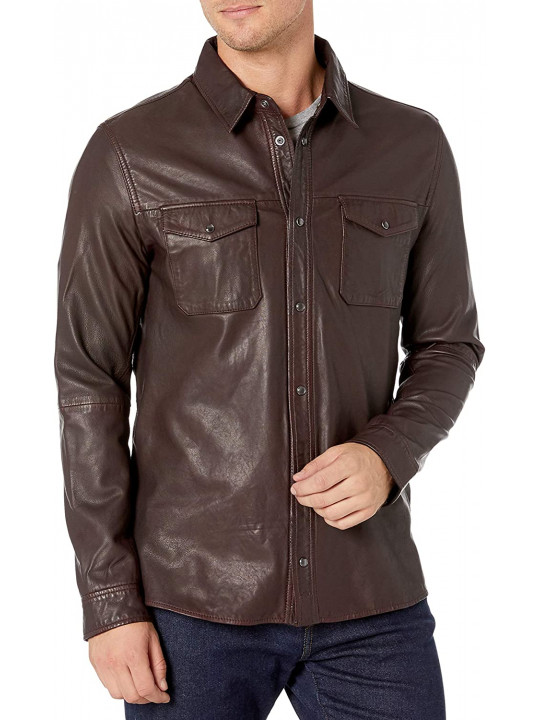 Men Elegant Style Real Lambskin Brown Leather Shirt