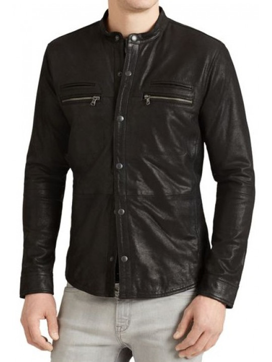 Men High Fashion Real Lambskin Black Leather Shirt