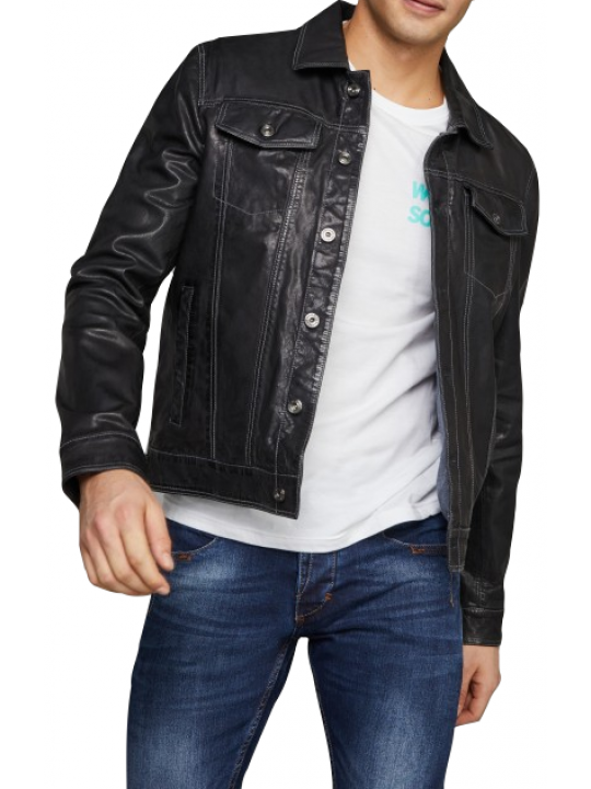 Men Impressive Style Real Lambskin Black Leather Shirt