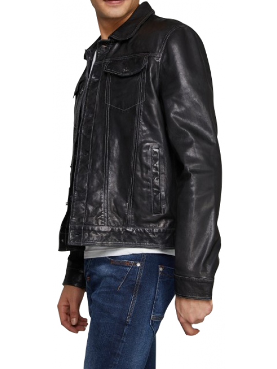 Men Impressive Style Real Lambskin Black Leather Shirt