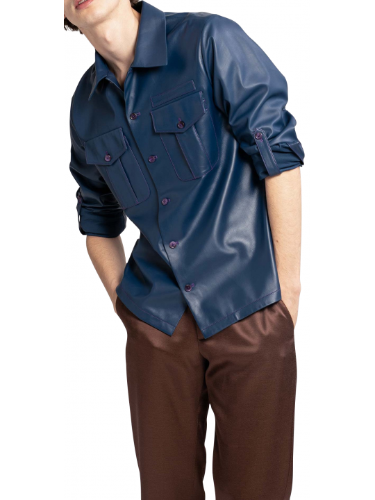 Men Marvellous Style Real Lambskin Blue Leather Shirt